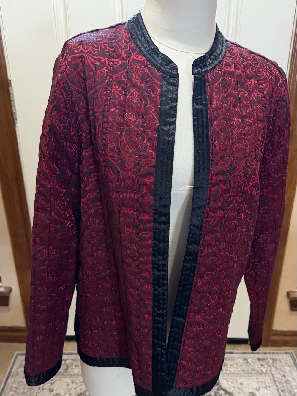 Alfred Dunner Red Quilted Open-Front Jacket with Black Trim